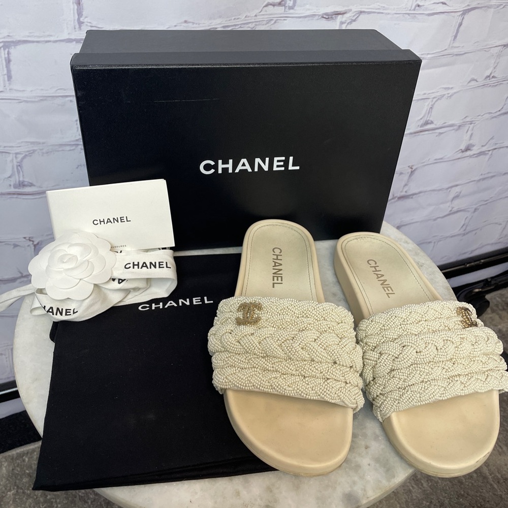 CHANEL Braided Beaded Slide Sandals in Beige with Gold CC